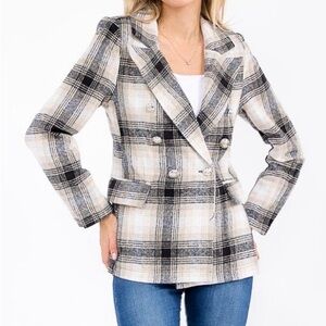 WOMEN'S LONG SLEEVE BUTTON CLOSURE POCKETS PLAID BLAZER